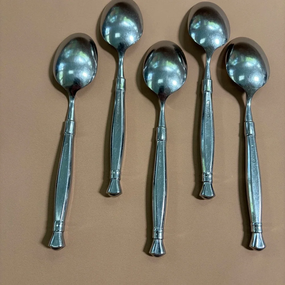 Oneida Act 1‎ Stainless Table Soup Spoons Set of 5 Glossy Silver Heirloom Cube